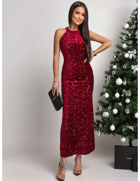 Cekinowa sukienka maxi z dekoltem halter DONI - bordowa