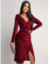 Cekinowa sukienka midi z marszczeniem ZEVA - bordowa