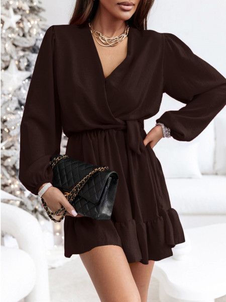 Rozkloszowana sukienka z falbanką - KALIFORNIA - czekoladowa 2