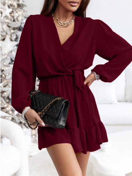 Rozkloszowana sukienka z falbanką - KALIFORNIA - bordowa