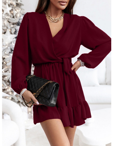 Rozkloszowana sukienka z falbanką - KALIFORNIA - bordowa