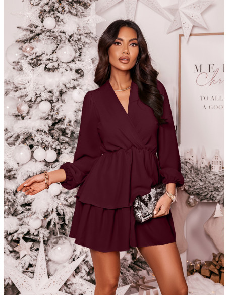 Rozkloszowana sukienka z podwójną falbaną DALIA - bordowa