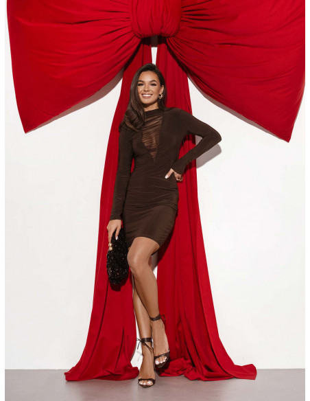 Sukienka mini z tiulową wstawką JOVITA - czekoladowa