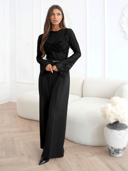 Elegancka koronkowa bluzka z marszczeniem SUNITA - czarna