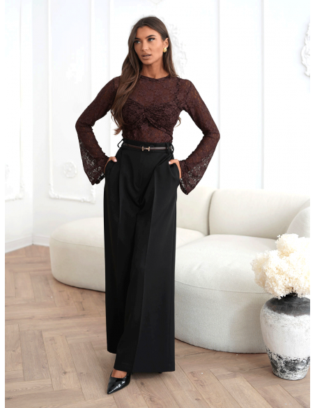 Elegancka koronkowa bluzka z marszczeniem SUNITA - czekoladowa