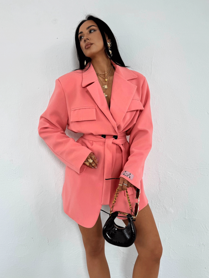 Długa marynarka oversize wiązana NARIA - morelowa