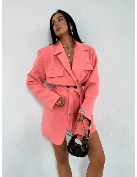 Długa marynarka oversize wiązana NARIA - morelowa