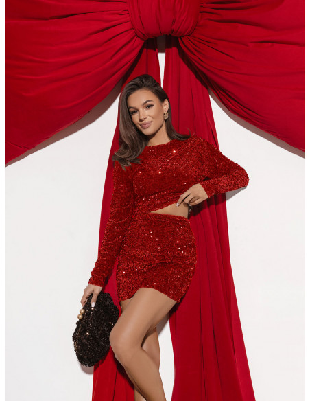 Cekinowy komplet bluzka i spódniczka mini HATUM - czerwony