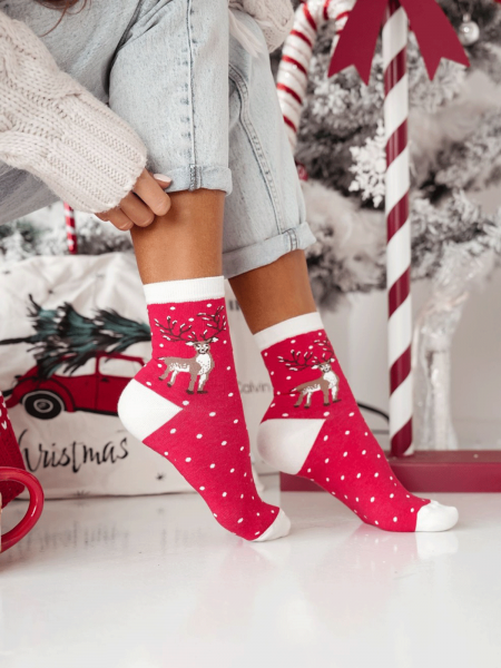 Skarpetki damskie świąteczne DUŻY RENIFER i KROPKI - wzór 8