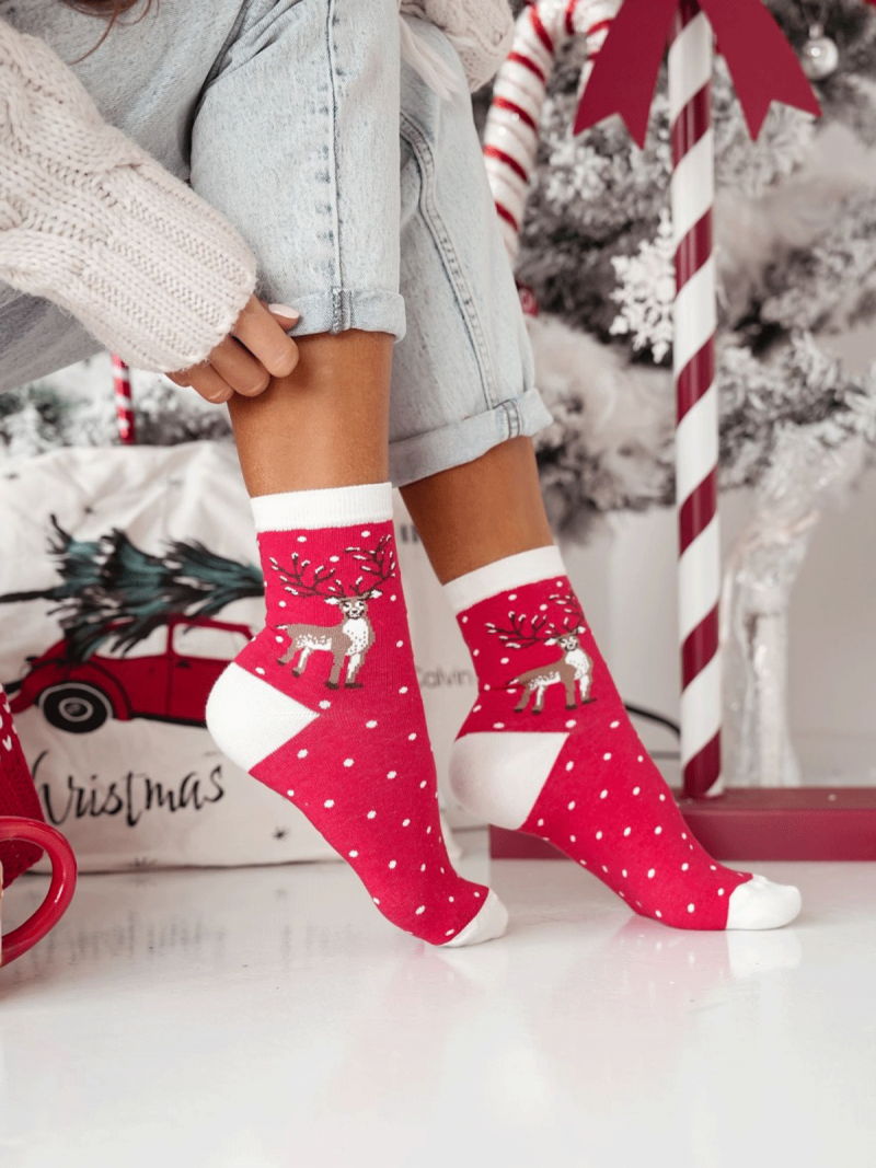 Skarpetki damskie świąteczne DUŻY RENIFER i KROPKI - wzór 8
