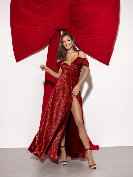 Brokatowa sukienka maxi na ramiączkach STELLA - czerwona 2