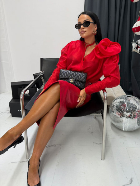 Wiskozowa bluzka koszulowa z kwiatem MAISA - czerwona