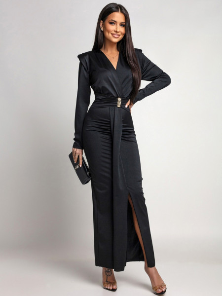 Elegancka sukienka maxi z ozdobną klamrą SYNTHIA - czarna