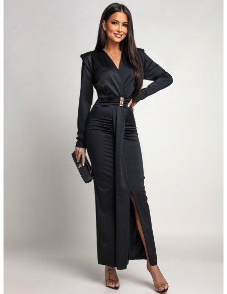 Elegancka sukienka maxi z ozdobną klamrą SYNTHIA - czarna