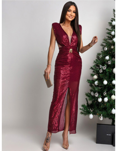 Cekinowa sukienka maxi z tiulowymi wstawkami NOJA - bordowa