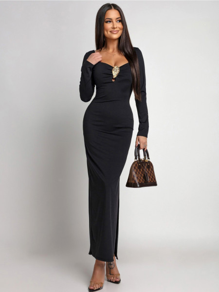 Elegancka sukienka maxi z ozdobną klamrą KATIA - czarna 2