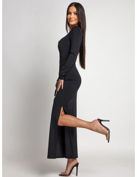 Elegancka sukienka maxi z ozdobną klamrą KATIA - czarna