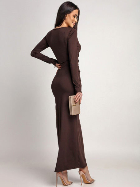 Elegancka sukienka maxi z wycięciem ASANTI - czekoladowa 2
