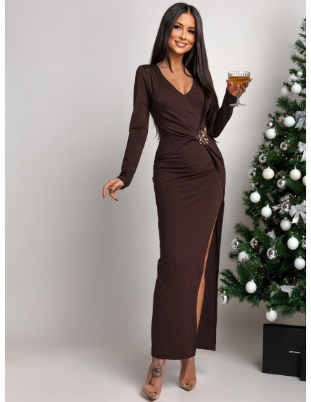 Elegancka sukienka maxi z wycięciem ASANTI - czekoladowa