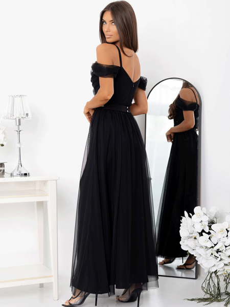 Tiulowa sukienka maxi na ramiączkach FADJA - czarna 2
