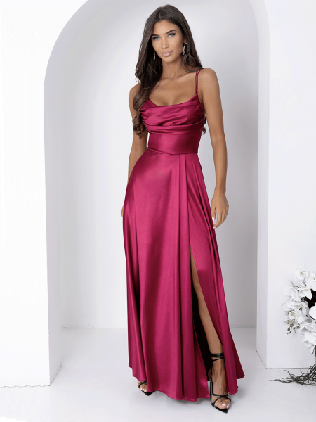 Satynowa sukienka maxi na ramiączkach RONA - bordowa 2