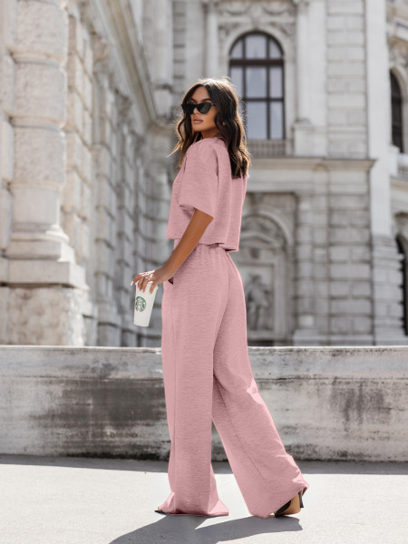 Masełkowy komplet bluzka i szerokie spodnie ATRIA - pudrowy róż