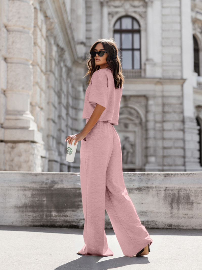 Masełkowy komplet bluzka i szerokie spodnie ATRIA - pudrowy róż