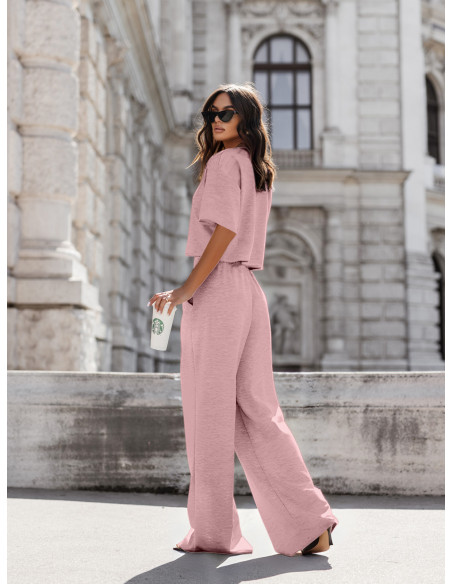 Masełkowy komplet bluzka i szerokie spodnie ATRIA - pudrowy róż