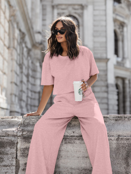 Masełkowy komplet bluzka i szerokie spodnie ATRIA - pudrowy róż 2