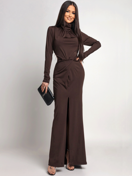 Sukienka maxi z odkrytymi plecami CALTIA - czekoladowa