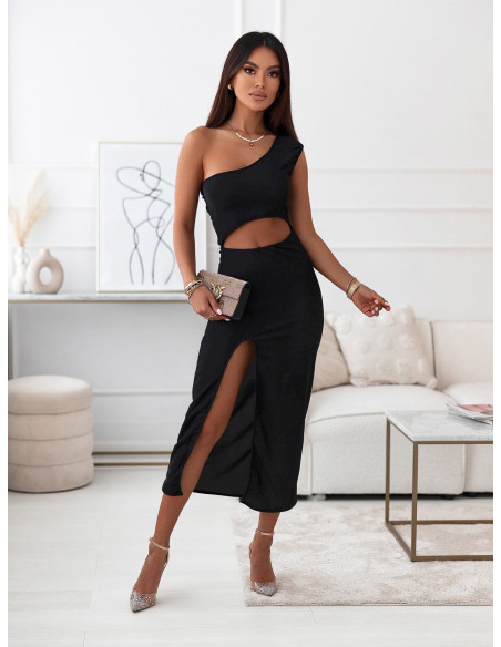 Brokatowa długa sukienka z wycięciem - LATOYA - czarna