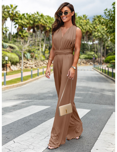 Multi kombinezon z szerokimi nogawkami - ELEGANCE - beżowy