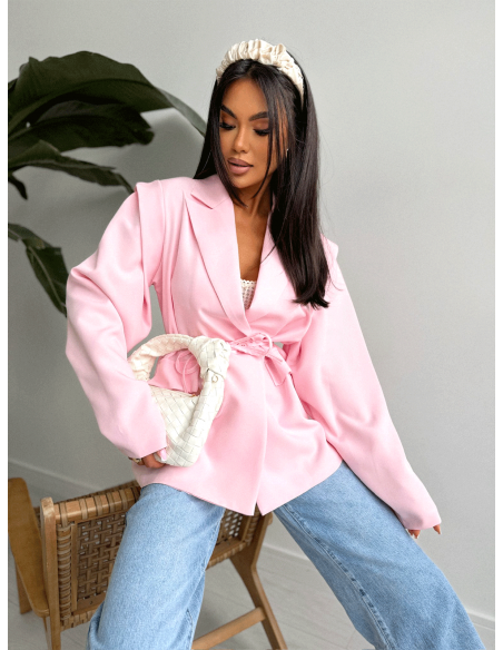 Elegancka długa marynarka z wiązaniem ORINA - pudrowy róż