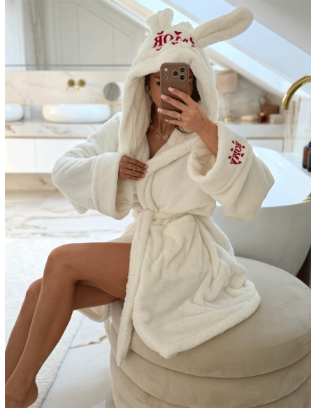 Bawełniany szlafrok z paskiem AMOR - ecru