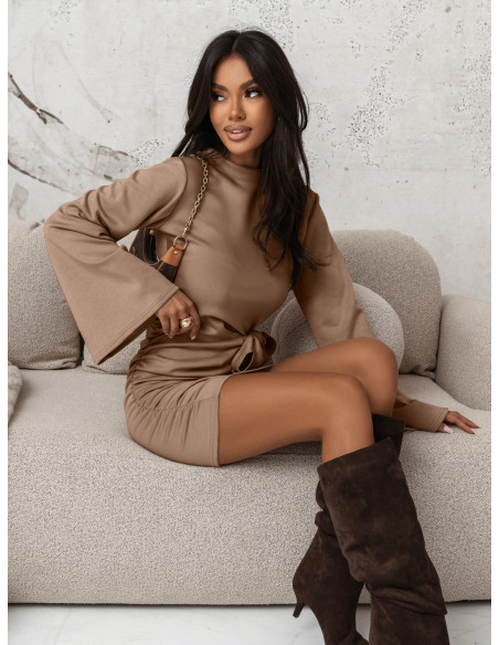 Masełkowa sukienka mini z wiązaniem MERE - mocha mousse