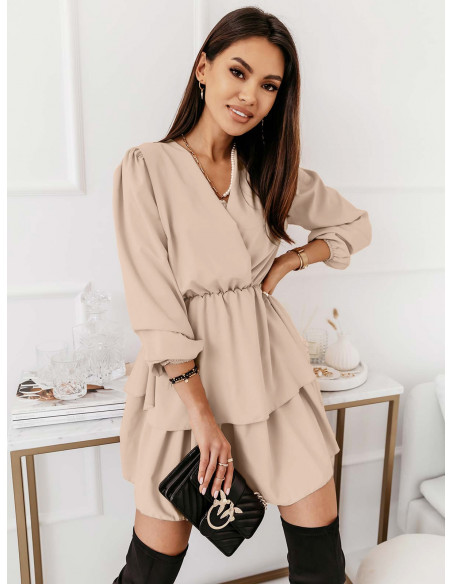 Rozkloszowana sukienka z podwójną falbaną DALIA - beżowa