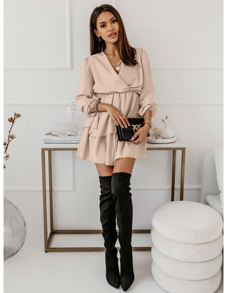 WP rozkloszowana sukienka z podwójną falbaną - beżowa