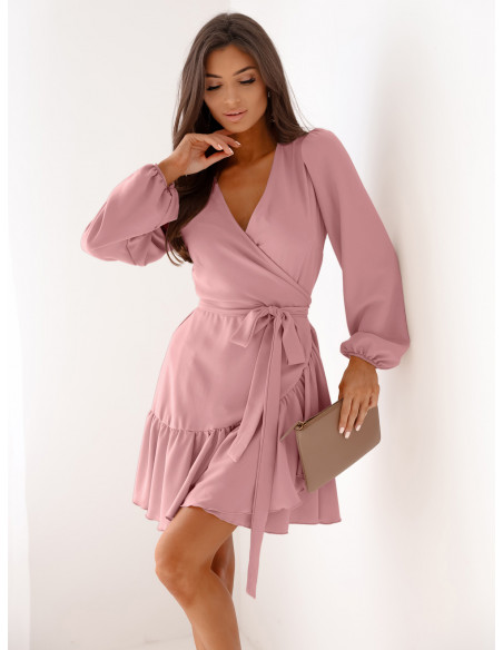 Przekładana sukienka z falbaną LURETTE - brudny róż