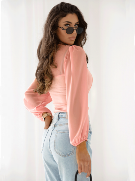 WP modna bluzka z szyfonowymi rękawami - pudrowy róż 2