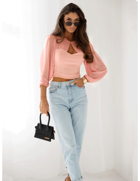 WP modna bluzka z szyfonowymi rękawami - pudrowy róż