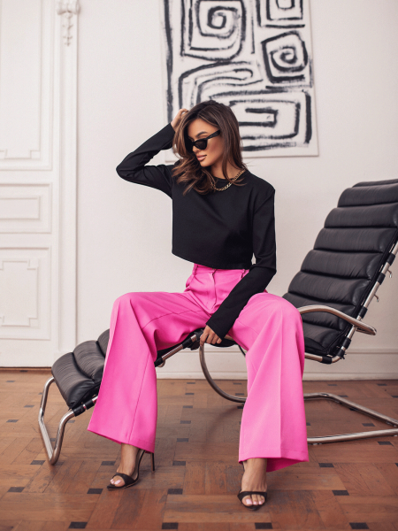 Eleganckie spodnie z szeroką nogawką ELIANNE - różowe 2