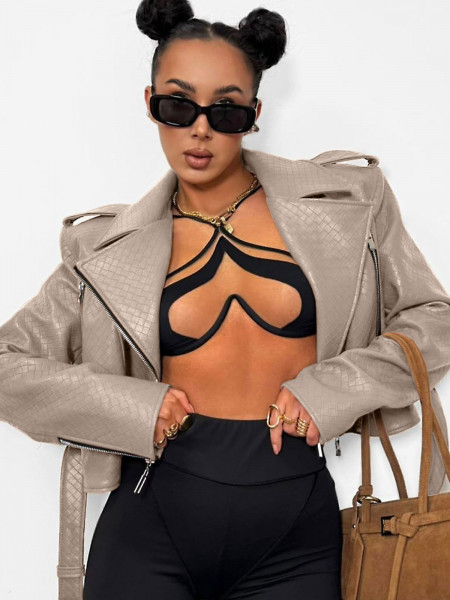 Krótka kurtka ramoneska z eko-skóry VELVARINE - mocha mousse 2