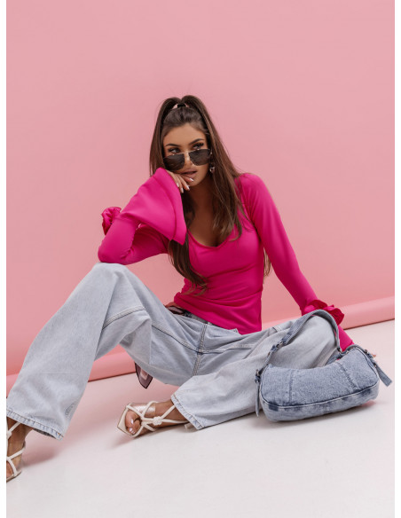 Prążkowana bluzka z falbanami na rękawach AVELLINA - fuksjowa