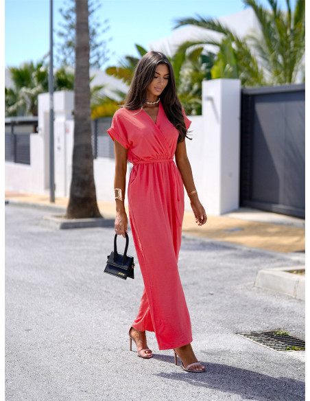 Stylowy kombinezon z szerokimi nogawkami KAMAYA - koralowy