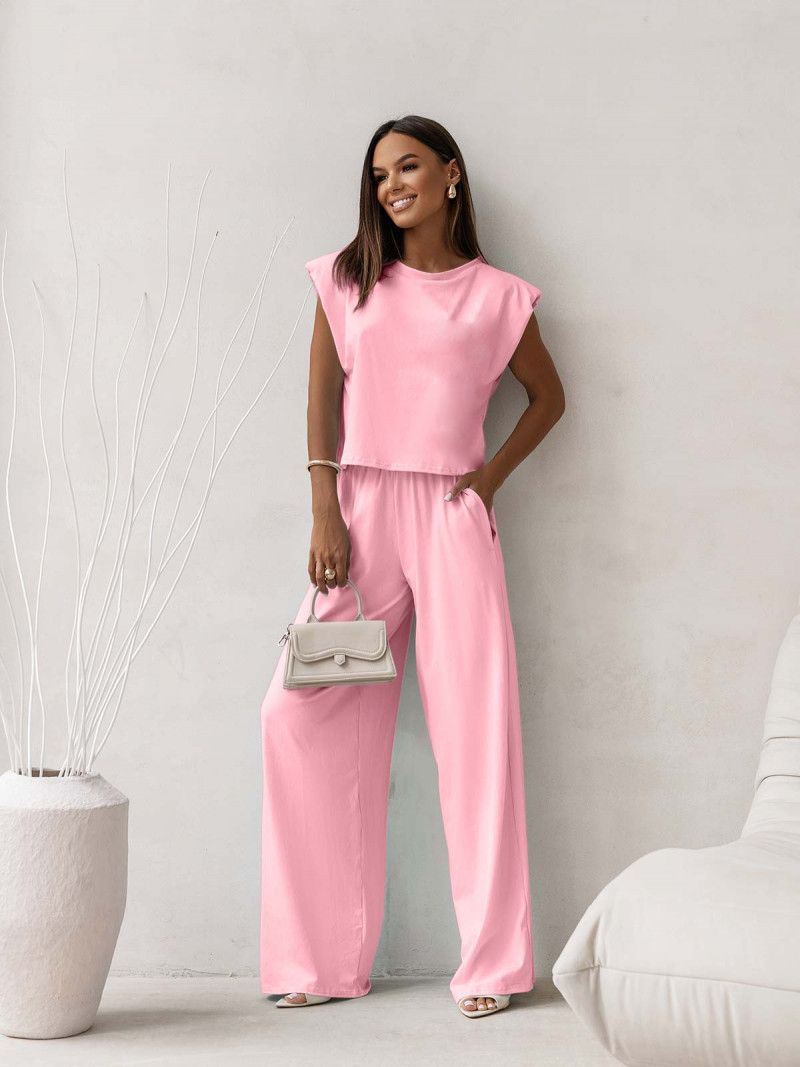 WP Bawełniany komplet top i szerokie spodnie - pudrowy róż