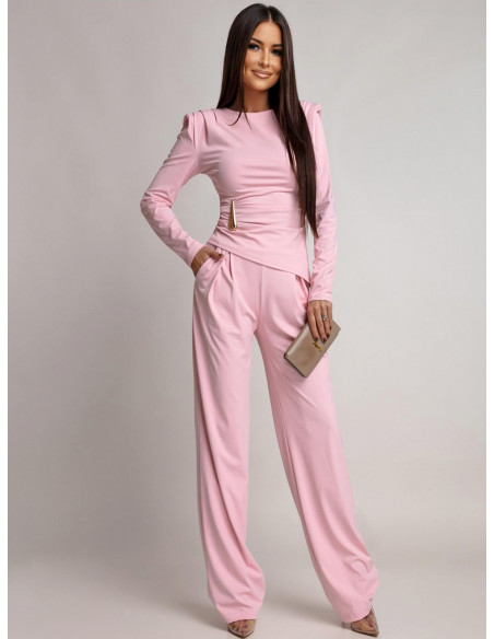Kobiecy komplet z szerokimi spodniami ITANJA - pudrowy róż