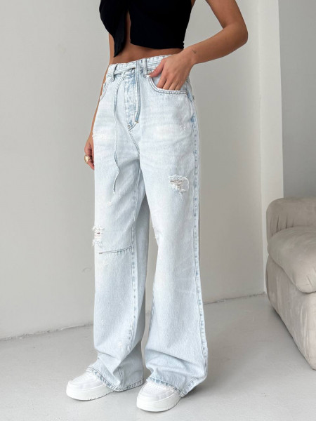 Szerokie jeansy z przetarciami ARLO - jasny jeans