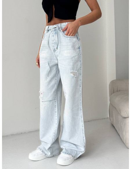 Szerokie jeansy z przetarciami ARLO - jasny jeans