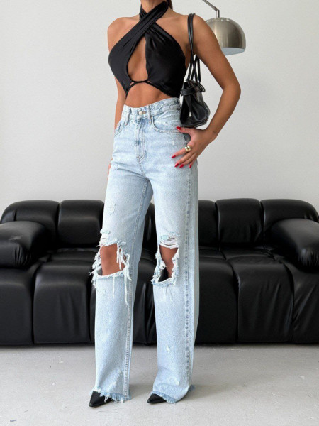 Spodnie jeansowe straight z przetarciami MILO - jasny jeans