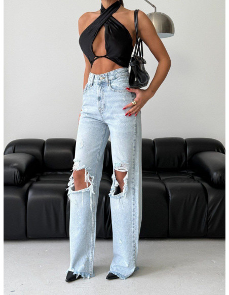 Spodnie jeansowe straight z przetarciami MILO - jasny jeans